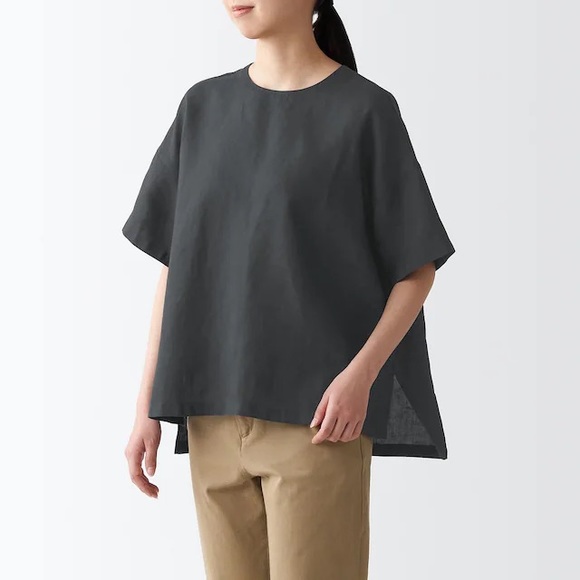 Black Muji Short Sleeve Blouse (washed hemp) - Picture 12 of 16